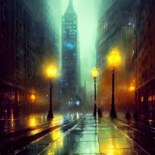 Prompt: nighttime in gotham city, wet pavement, street level view, light mist, fantasy, intricate, elegant, digital painting, trending on artstation, concept art, soft focus, illustration by greg rutkowski, Gaston Bussiere and artgerm, 4k.