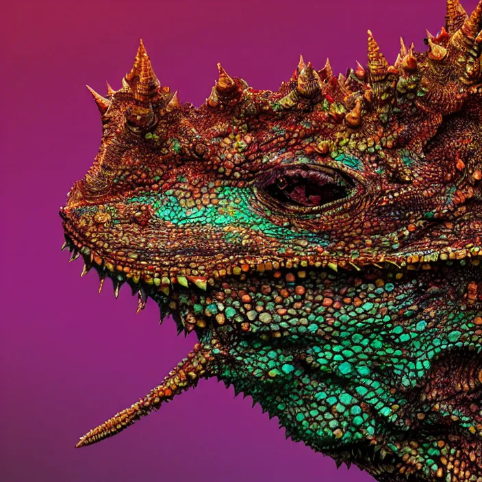 Prompt: a realistic portrait of an intricately detailed thorny devil lizard head on a woman's body, colorful - patterns, cyber - punk background, professional studio lighting with subtle shadows, hyper realism, art by android jones, blender cycles render, 8 k high octane