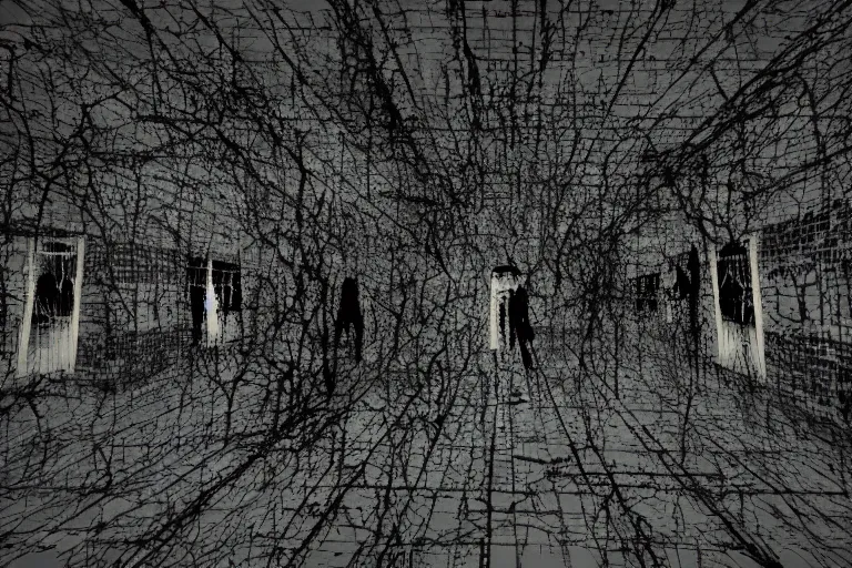 Image similar to horror movie scene in an extremely dark infinite never ending office, dark deep black shadows, in the style of trevor henderson and james ensor goya, liminal space, 3 d render, glitch effect