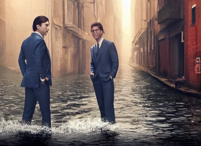 Image similar to a very high resolution image from a new movie, two deer in suits, in a narrow chinese alley, surrounded by water vapor, beatiful backgrounds, dramatic lighting, directed by wes anderson