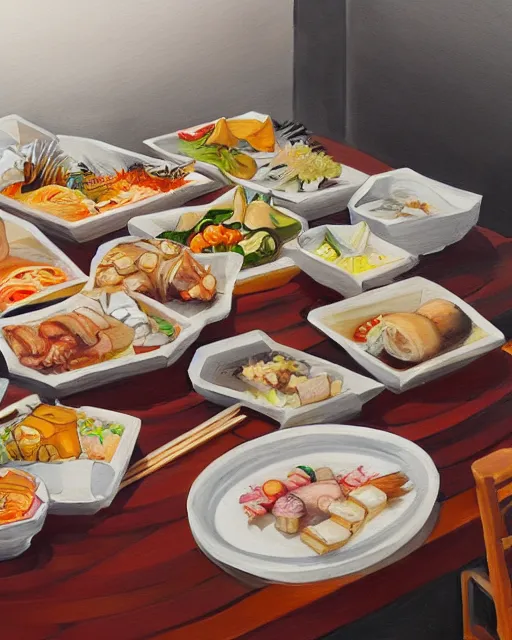 Image similar to a painting of a table full of japanese foods, concept art by taro yamamoto, pixiv contest winner, auto - destructive art, official art, concept art, pixiv