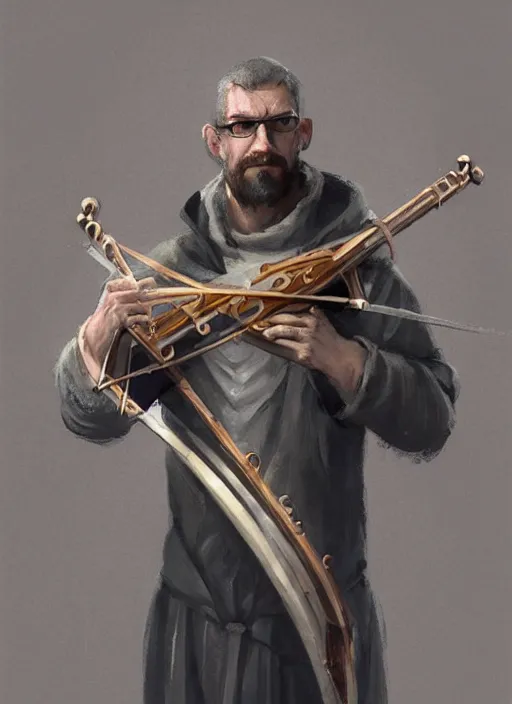 Image similar to illustration of gordon freeman from half - life as a bard playing a lyre, dressed in renaissance clothing, by greg rutkowski artstation