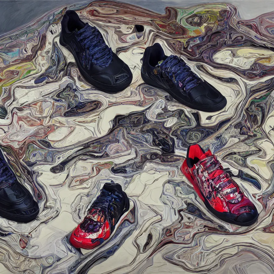 Image similar to futuristic balenciaga sneakers, nft art, highly detailed, hyper realistic, art by todd mcfarlane, by ( ( ( lucian freud ) ) ) and gregory crewdson and francis bacon