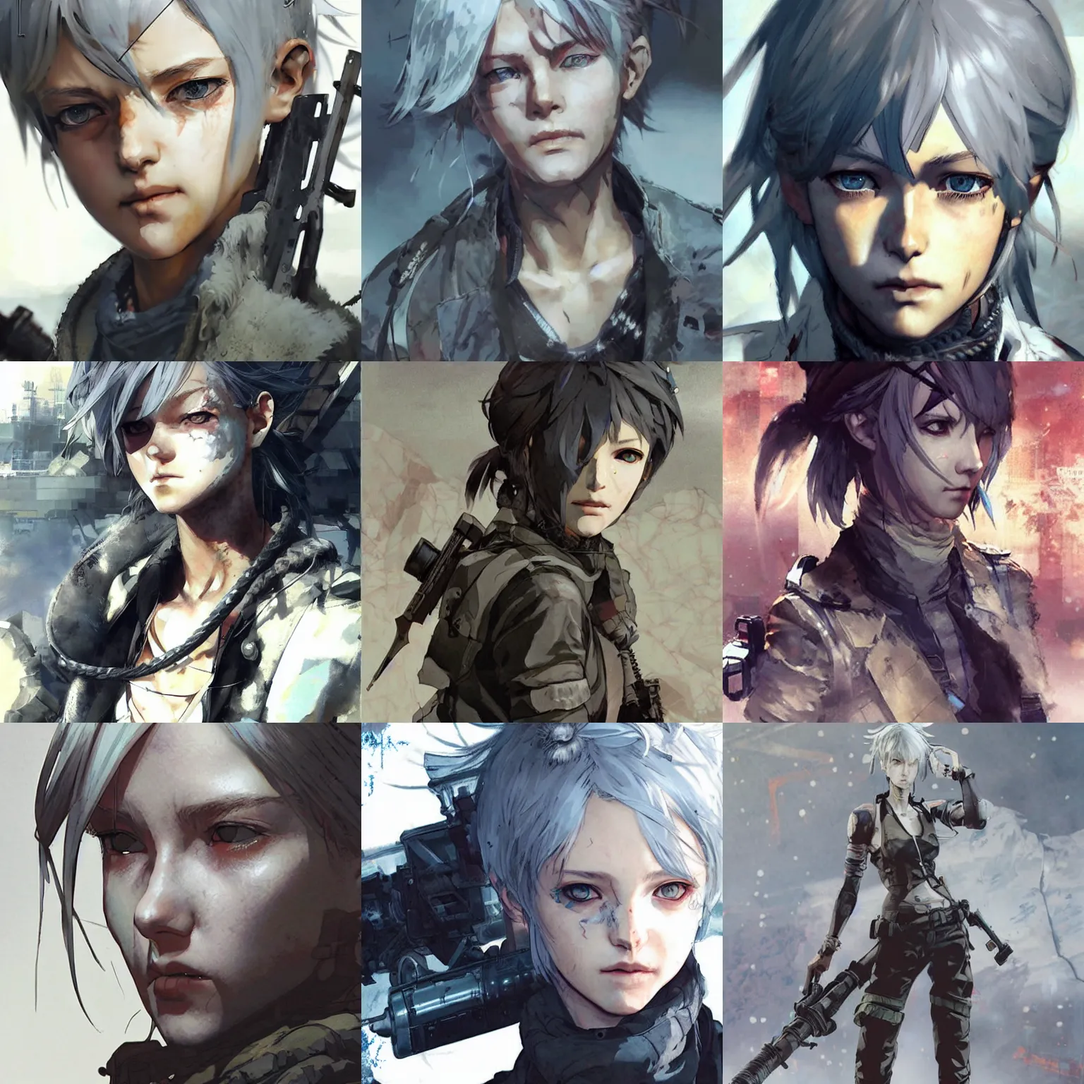 Prompt: girl silver hair, post apocalyptic, realistic illustration by Yoji Shinkawa and Krenz Cushart, cinematic portrait