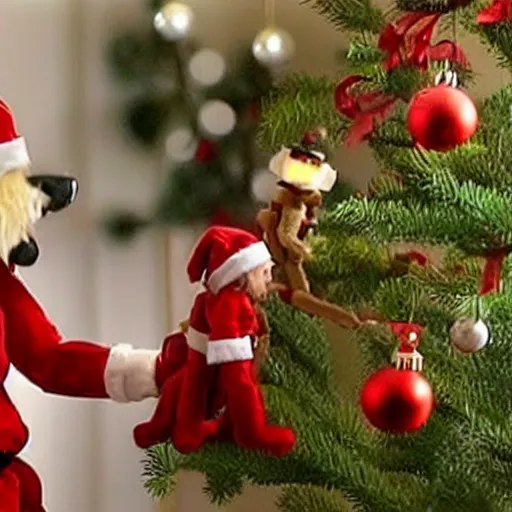 Prompt: capuchin monkey putting christmas tree ornament on christmas tree, standing next to humanoid robot, living room, 2 0 0 6 youtube video