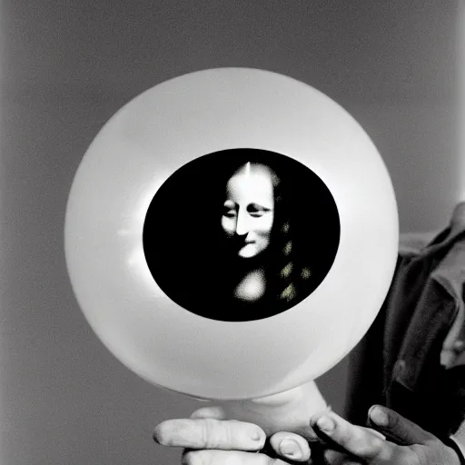 Prompt: Marcel Duchamp holding a light-producing sphere with cables attached, 35mm film, icon by Marcel Duchamp, LHOOQ, Mona Lisa with a mustache, absurd, film grain, lens flare