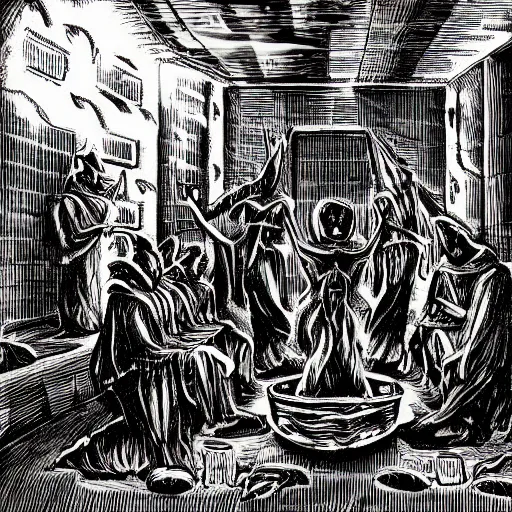 Image similar to cultist ritual in a crowded alien temple, dark vintage sci fi, illustration