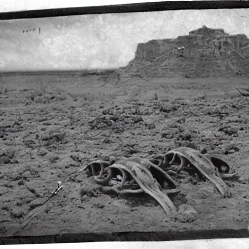 Image similar to tintype, wide view, thundra ufo crash site, team of scientists studying captured alien octopus, photorealistic, highly detailed