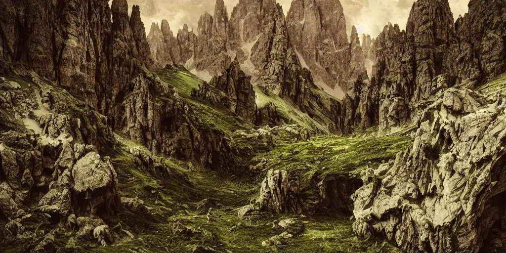 Image similar to photography of dolomites overgrown by roots, dolomites, alpine, detailed intricate insanely detailed octane render, 8k artistic 1920s photography, photorealistic, chiaroscuro, hd, by David Cronenberg, Raphael, Caravaggio