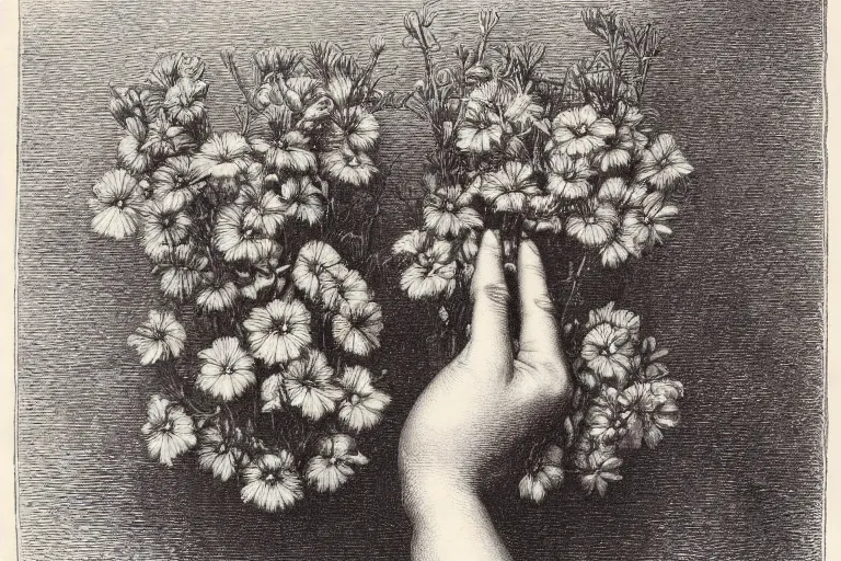 Image similar to close-up flower in hands, soft light, Gustave Dore lithography