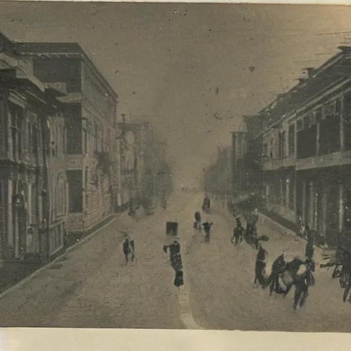 Image similar to grainy 1800s photo of a city street with flying machines above