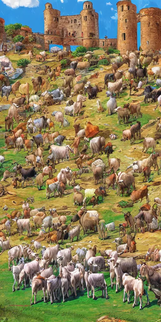 Image similar to a herd of goats in a tall citadel, colorful, beautiful, highly detailed digital painting
