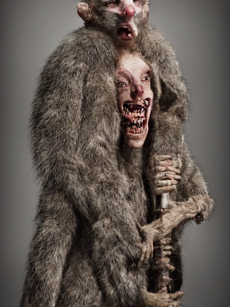 Image similar to 20mm f8 full body portrait photography of a grinning humanoid evil emaciated opossum sheriff in medieval Scotland, by erwin Olaf