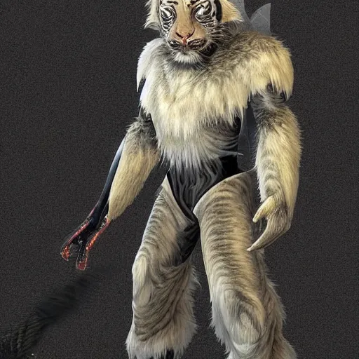 Image similar to a humanoid with cat-like features, yellow eyes, teeth that protrude past the lower lip (sort of like a saber-tooth tiger) and fine grayish fur on their faces and backs of their hands wearing futuristic alien armor and carrying weapons, octane,