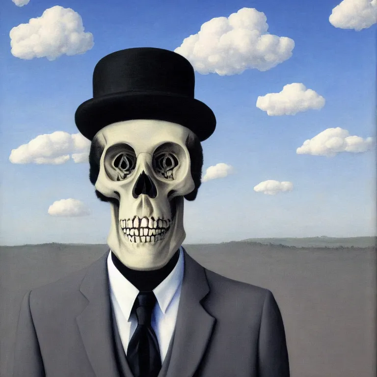 Image similar to portrait of a skeleton in a suit, clouds in the background, by rene magritte, detailed painting, distance, middle centered, hd, hq, high resolution, high detail, 4 k, 8 k