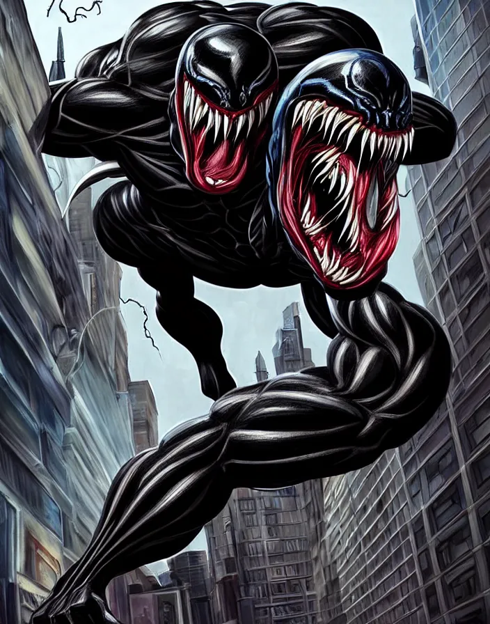Prompt: fantastic illustration of venom, lethal protector, muscles, muscular, veins, open mouth, angry, saliva, bigh sharp teeths, savage, in a city at night, on top of buildings, large thong, artstation, 3 d hammer modeling, hd, sharp high quality artwork in cinematic style, movie lighting,