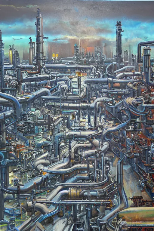 Prompt: oil painting, extra long-view, hight detailed, millions small melting industrial pipes, in style of 80s sci-fi art