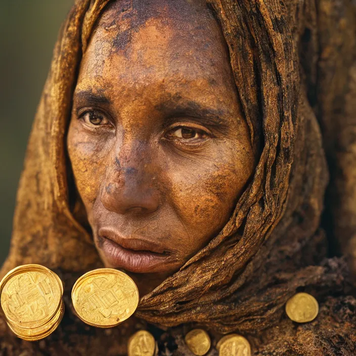 Prompt: closeup portrait of a woman wearing a cloak of gold coins in a charred, burnt forest, by Annie Leibovitz and Steve McCurry, natural light, detailed face, CANON Eos C300, ƒ1.8, 35mm, 8K, medium-format print