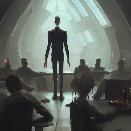 Image similar to concept art by greg rutkowski, a very tall, and slender man with short black hair, sitting with the crew in the ship's dining room, brutalist futuristic interior, dark lighting atmosphere, detailed portraits, nostalgic atmosphere, scifi, digital painting, artstation, concept art, smooth, sharp foccus ilustration, artstation hq