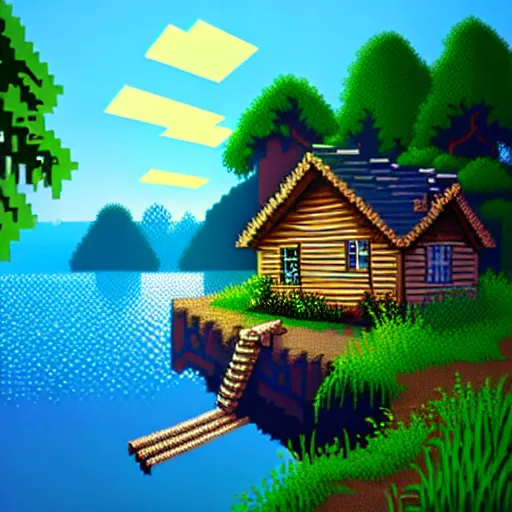 Image similar to view of a cottage above an azure lake, beautiful game pixelart, by thomas feichtmeir ( cyangmou ), by kirokaze, by waneella, by albertov, intricate details, beautiful pixelart, volumetric lighting, cgsociety, artstation