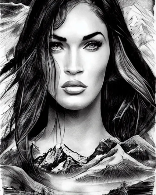 Prompt: megan fox face blended with beautiful mountain scenery, in the style of dan mountford, tattoo sketch, double exposure, hyper realistic, amazing detail, black and white