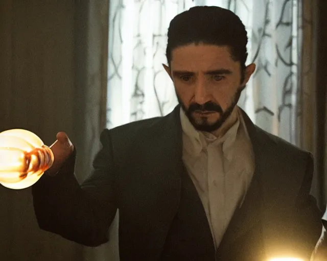 Image similar to mafioso ( shia laboeuf ) examines a magical glowing object ; scene from the modern hbo mini series / the outfit /, a supernatural mafia crime thriller about magical monster - hunting mafiosi in philadelphia, hd 8 k film photography, with modern supernatural horror aesthetic.