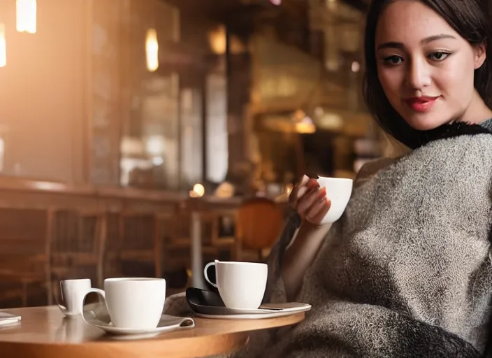 Image similar to beautiful!!!!! young adult woman in a cozy coffee shop wearing an avant garde outfit designed by zaha hadid, close up, natural lighting, 5 0 mm