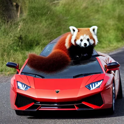 Image similar to awesome photograph of a red panda driving a lamborghini, 4k