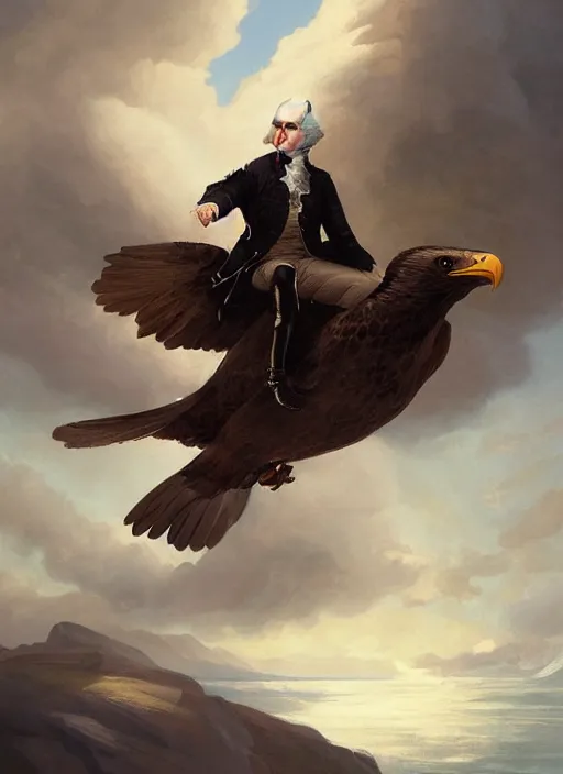 Prompt: portrait george washington soaring on shouders of a bald eagle by greg rutkowski, fantasy