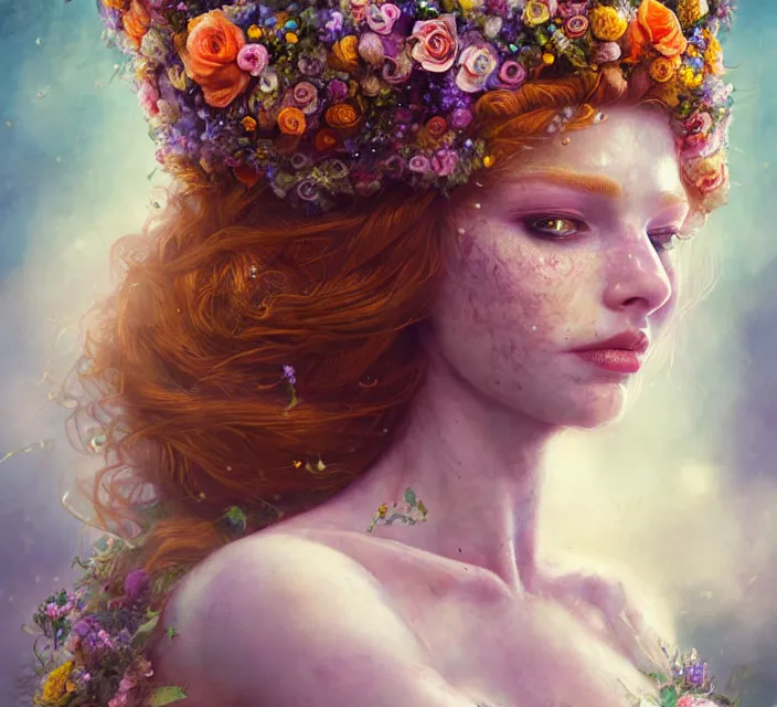 Prompt: cute female bride swathed in flowers, perfect face, tiara, ginger hair, abs, cinematic, freckles, stunning, athletic, strong, agile, highly detailed, psychedelic, digital painting, artstation, smooth, hard focus, illustration, art by jessica rossier and and brian froud