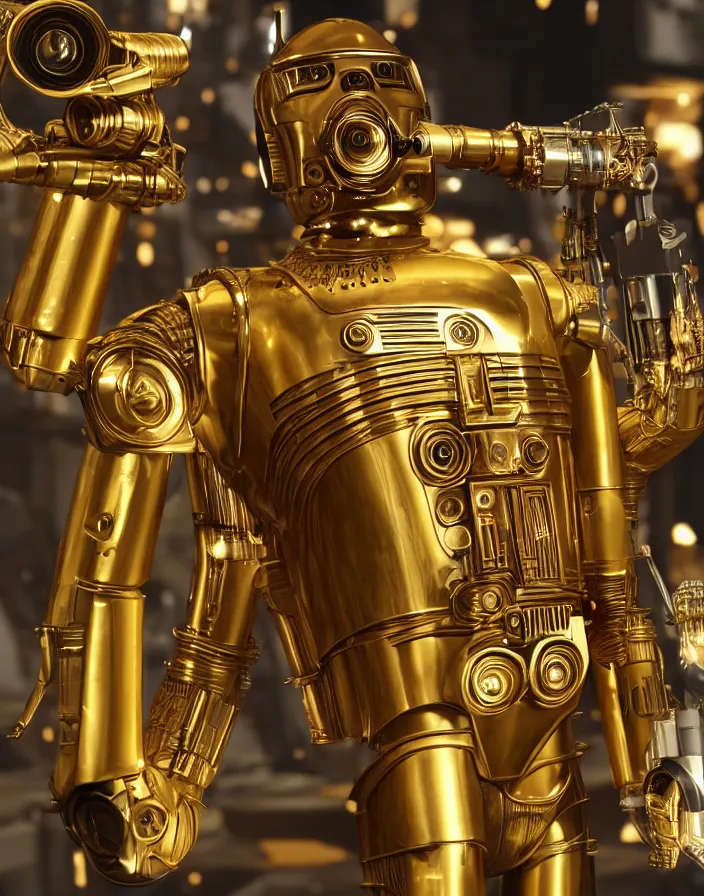 Prompt: c 3 po getting a victory royale, asthetic, realistic, 8 k, photography