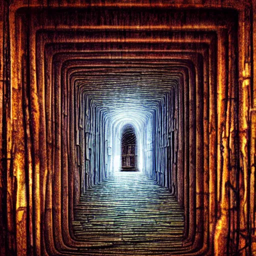 Prompt: “lost in a labyrinth that is Powell’s City of Books. Creepy liminal photo. Hyperrealistic, benchmark resolution photo in the style of Beksinski”