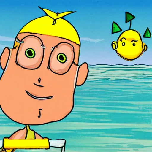 Prompt: lemonman cartoon character is relaxing on a beach, inspired by dalle 2 generations.