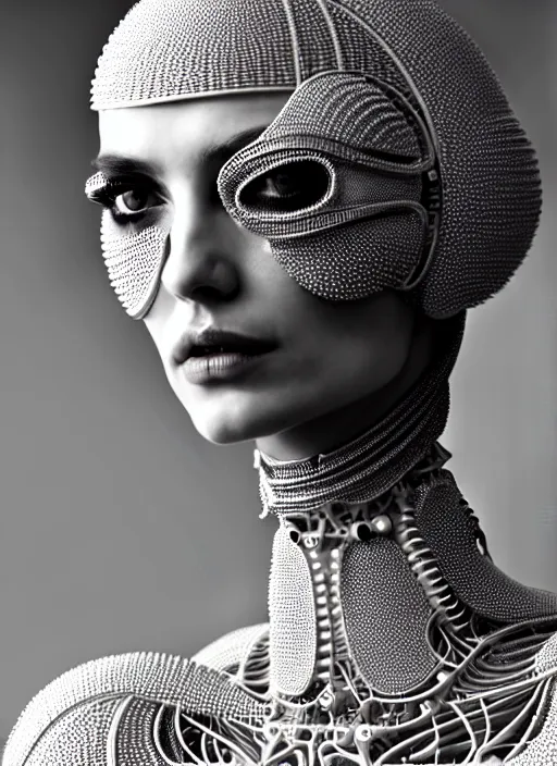 Image similar to portrait of an absurdly beautiful, graceful, sophisticated, fashionable cyberpunk mechanoid, hyperdetailed illustration by irakli nadar and alexandre ferra, intricate linework, white porcelain skin, faberge, coral headdress, unreal engine 5 highly rendered, global illumination, radiant light, detailed and intricate environment