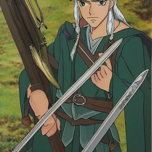 Image similar to Portait of Legolas in an 80s anime version of Lord of the Rings, holding a longbow, very detailed, ultra realistic, handpainted, Satoshi Kon, Hiyao Miyazaki, Katsuhiro Otomo