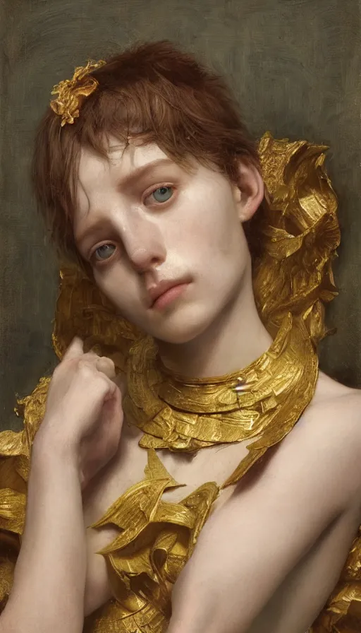 Image similar to epic masterpiece torment, drama, sweaty skin, hyperrealistic, octane render, cinematic, beautiful face and flawless skin, perfect hands, 5 fingers, gold by Edgar Maxence, Legends of Runeterra