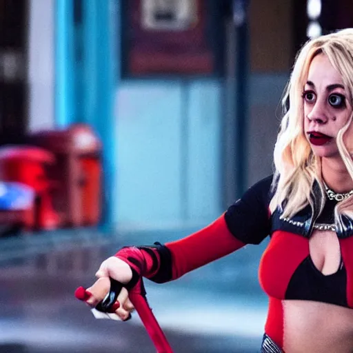 Image similar to A still of Kaley Cuoco as Harley Quinn