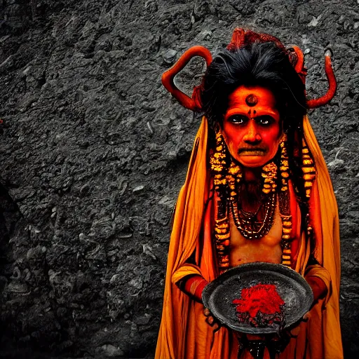 Image similar to realistic exposed expired fuji film portrait of aghori tantrik india woman, tentacled creature mix, marigold celestial vibe, hyperrealism, hypermaxiymalism, photorealistic, detailed, atmospheric, 8 k, award winning photography, cinematic