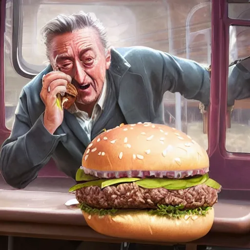 Prompt: a highly detailed epic cinematic concept art CG render digital painting artwork costume design: Robert Mitchum as a 1950s bus driver eating a massive hamburger, voluptuous sesame seed bun, extra ketchup and pickles and onions . By Greg Rutkowski, Ilya Kuvshinov, WLOP, Stanley Artgerm Lau, Ruan Jia and Fenghua Zhong, trending on ArtStation, subtle muted cinematic colors, made in Maya, Blender and Photoshop, octane render, excellent composition, cinematic atmosphere, dynamic dramatic cinematic lighting, aesthetic, very inspirational, arthouse