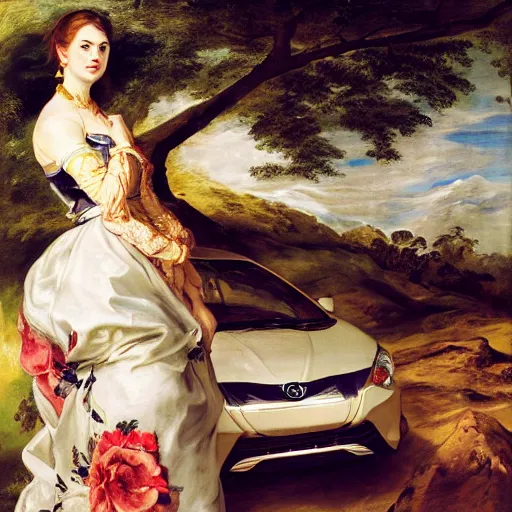 Image similar to heavenly summer sharp land sphere scallop well dressed lady standing next to a toyota corolla, auslese, by peter paul rubens and eugene delacroix and karol bak, hyperrealism, digital illustration, fauvist, standing next to a toyota corolla