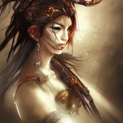 Prompt: portrait of a woman warrior, digital art, character art, by yoshitaka amano