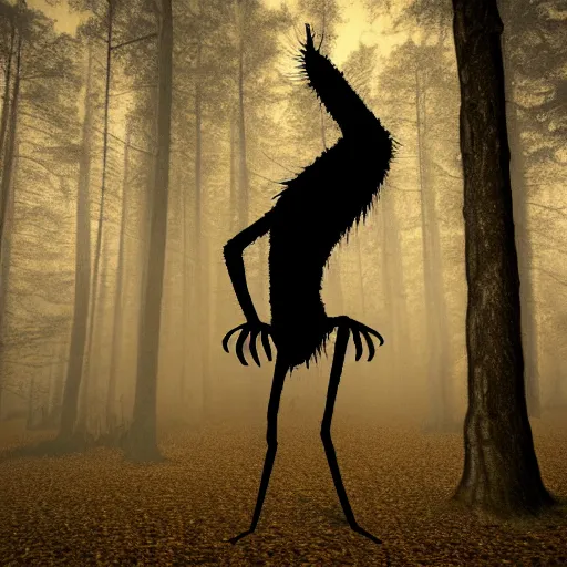 Prompt: long leg monster in a dark forest at midnight