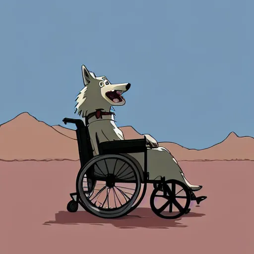 Prompt: a study of cell shaded cartoon of a wolf in a wheelchair from howl's moving castle ( 2 0 0 4 ) on a desert road, full body, wide shot, very muted colors, post grunge, studio ghibli, laurie greasley, highly detailed, deviantart, art by artgem