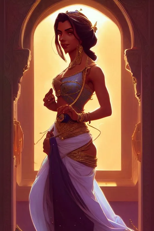 Image similar to Princess Jasmine, fantasy, intricate, elegant, highly detailed, digital painting, artstation, concept art, matte, sharp focus, illustration, art by Artgerm and Greg Rutkowski and Alphonse Mucha