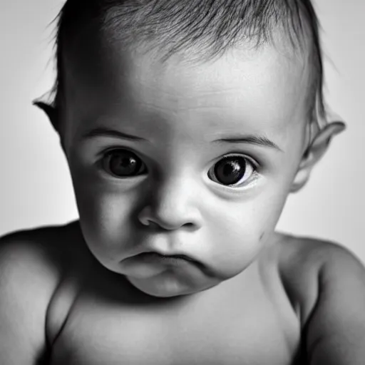 Image similar to portrait of a baby with a chiseled jawline, muscles, and smug expression, looking to the side, dramatic lighting, b&w