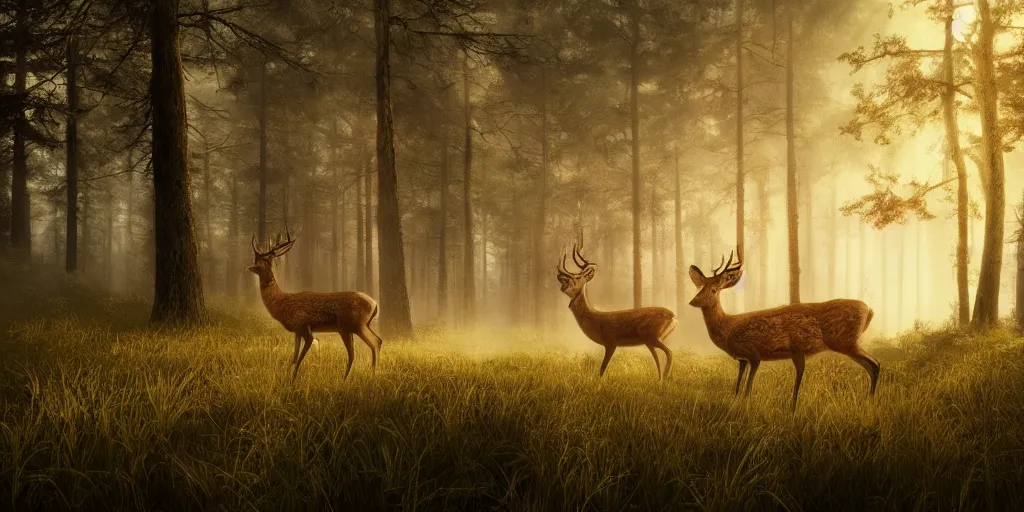 Image similar to forrest with beautiful deer, superwide angle, light through the mist, dramatic lighting, photorealistic, cinematic lighting, high detail, cinematic feel, high octane, 4 k, unreal engine, digital render, intricate, ultra realistic, concept art