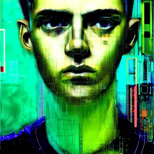 Image similar to hyperrealistic portrait of a cyberpunk teenager, male, confident, cybernetics, immersed within a glitch network, by Guy Denning, Metzinger, Russ Mills, glitch art, hyper focus, fine detail, hacking effects, digital tech effects, chromatic, color blocking!, green, acrylic on canvas, concept art, abstract, trending on cgsociety, trending on artstation