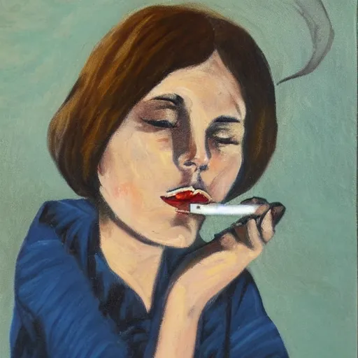 Prompt: painting of a short haired brunette french girl smoking a cigarette, heavy bags under her eyes, 1960s, very detailed, museum quality