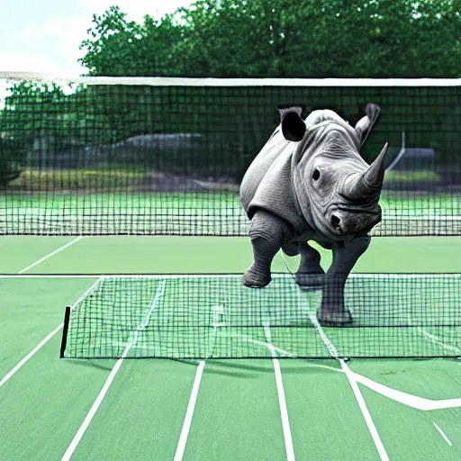 Image similar to rhinoceros playing badminton, photorealistic