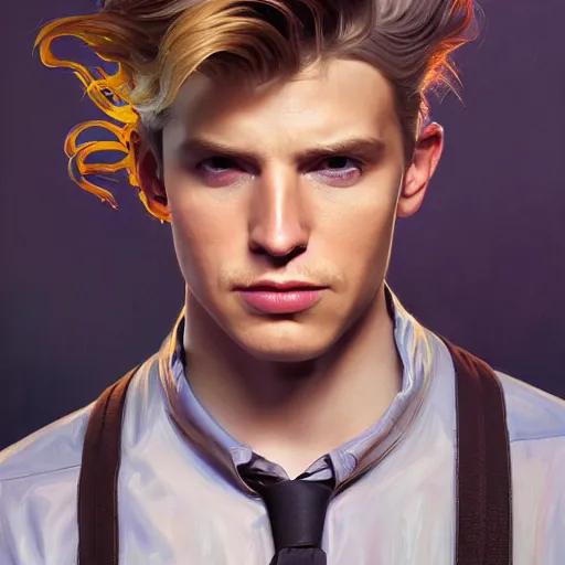 Image similar to hyperrealistic oil painting of half - electric man, handsome - fine - face, handsome face, paint pour hair, realistic shaded perfect face, extremely fine details, realistic shaded lighting, dynamic background, 8 k ultra realistic, highly detailed, art by christopher balaskas, alphonse mucha, craig mullins, ultra detailed